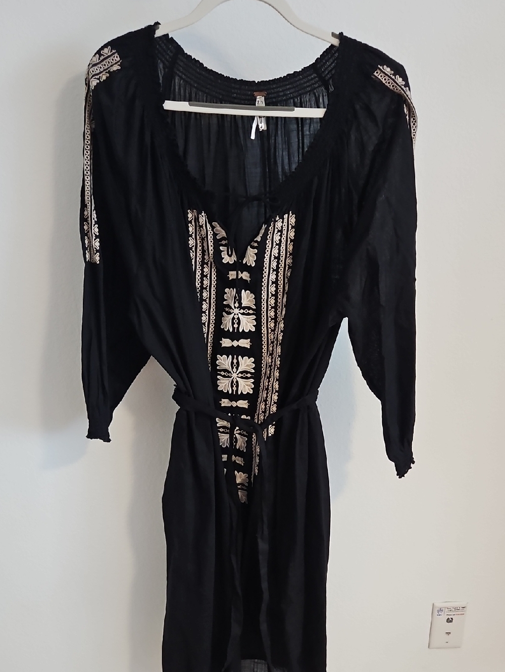 Few People Black Embroidered Boho Tie-Waist Dress Sz M